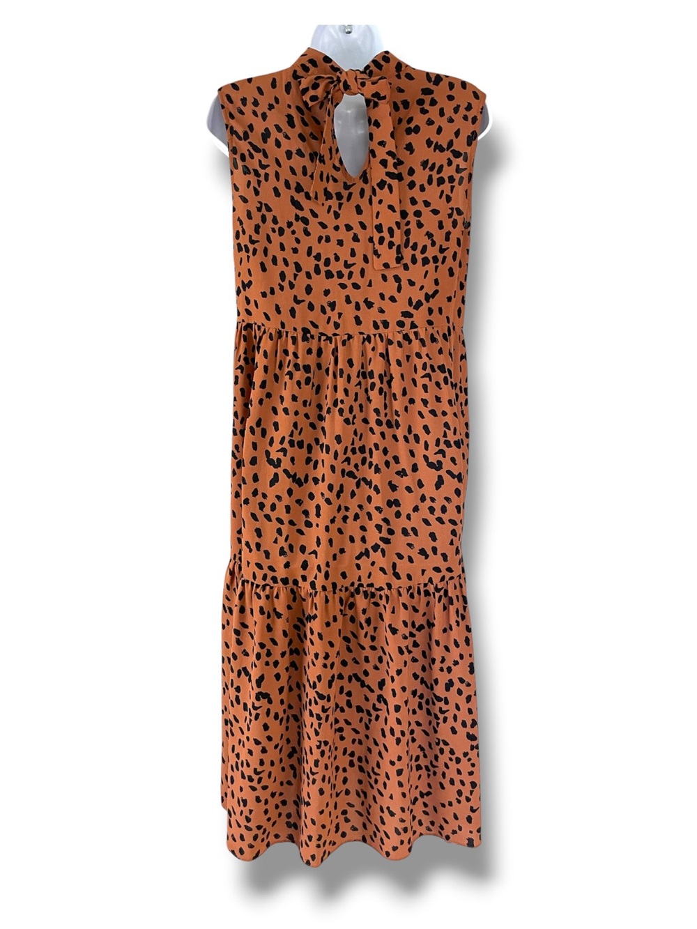 Calista Leopard Print Dress Bow Tie Neck Sleeveless Tiered Quiet Luxury Y2K - Picture 3 of 9